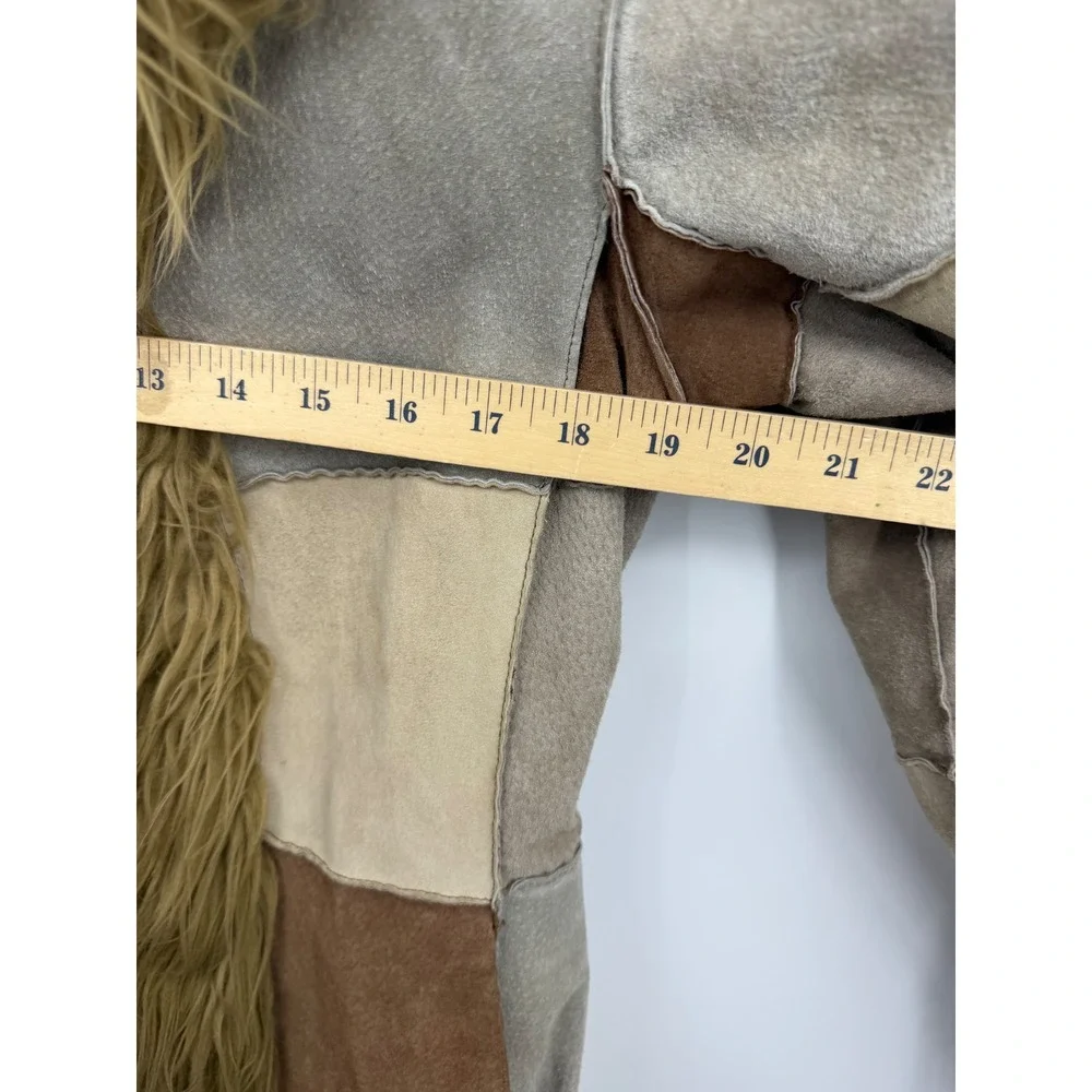 Esprit Patchwork Suede Faux Fur Trim Coat Womens Medium Brown Boho Penny Lane